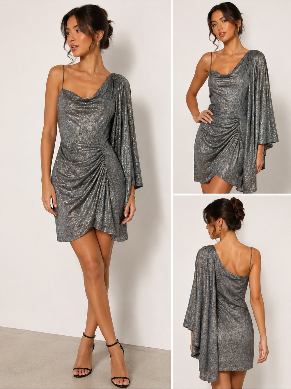 Trina Turk One-Shoulder Metallic Gray Draped Dress